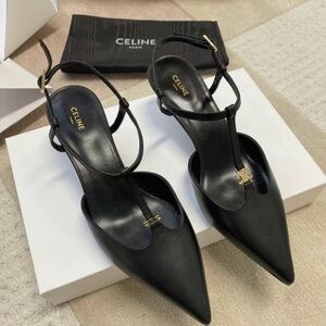 Celine Black Leather Pointed T-Strap Slingback Heels with Gold Hardware